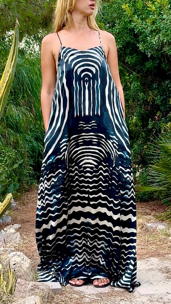 Blue Fans Amami Long Silk Dress