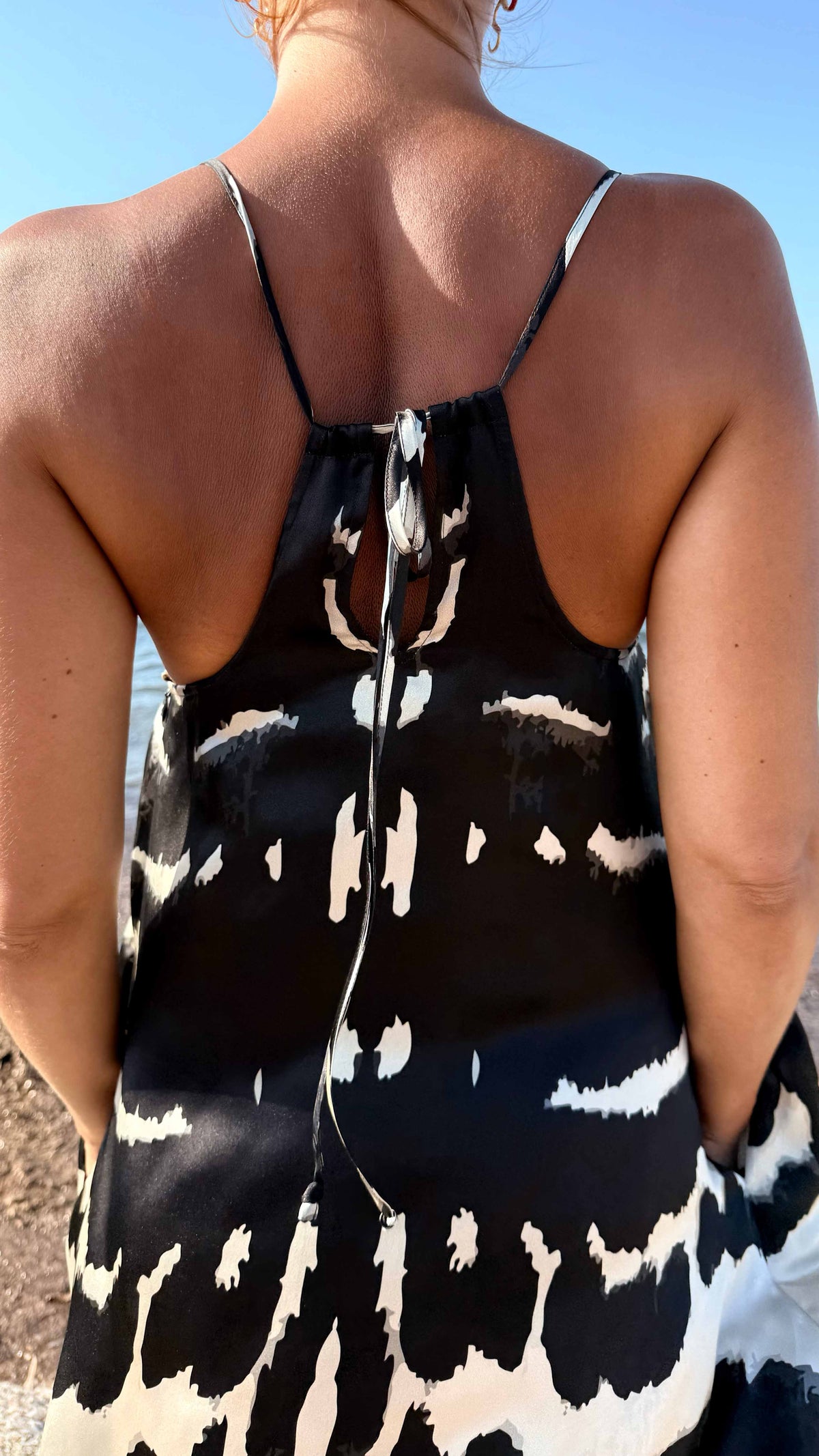 Amami Mariposa 100% silk dress multiway neckline detail