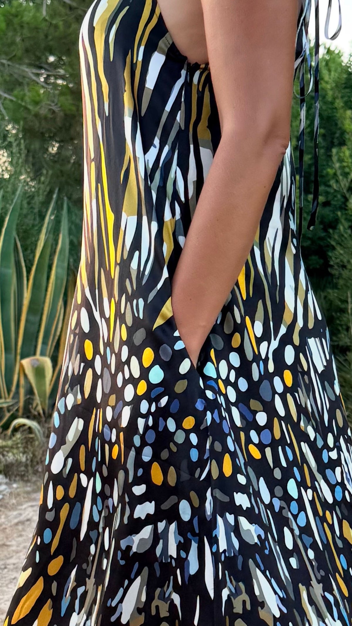 Amami Long Silk Dress Seaweed print flowing in movement

