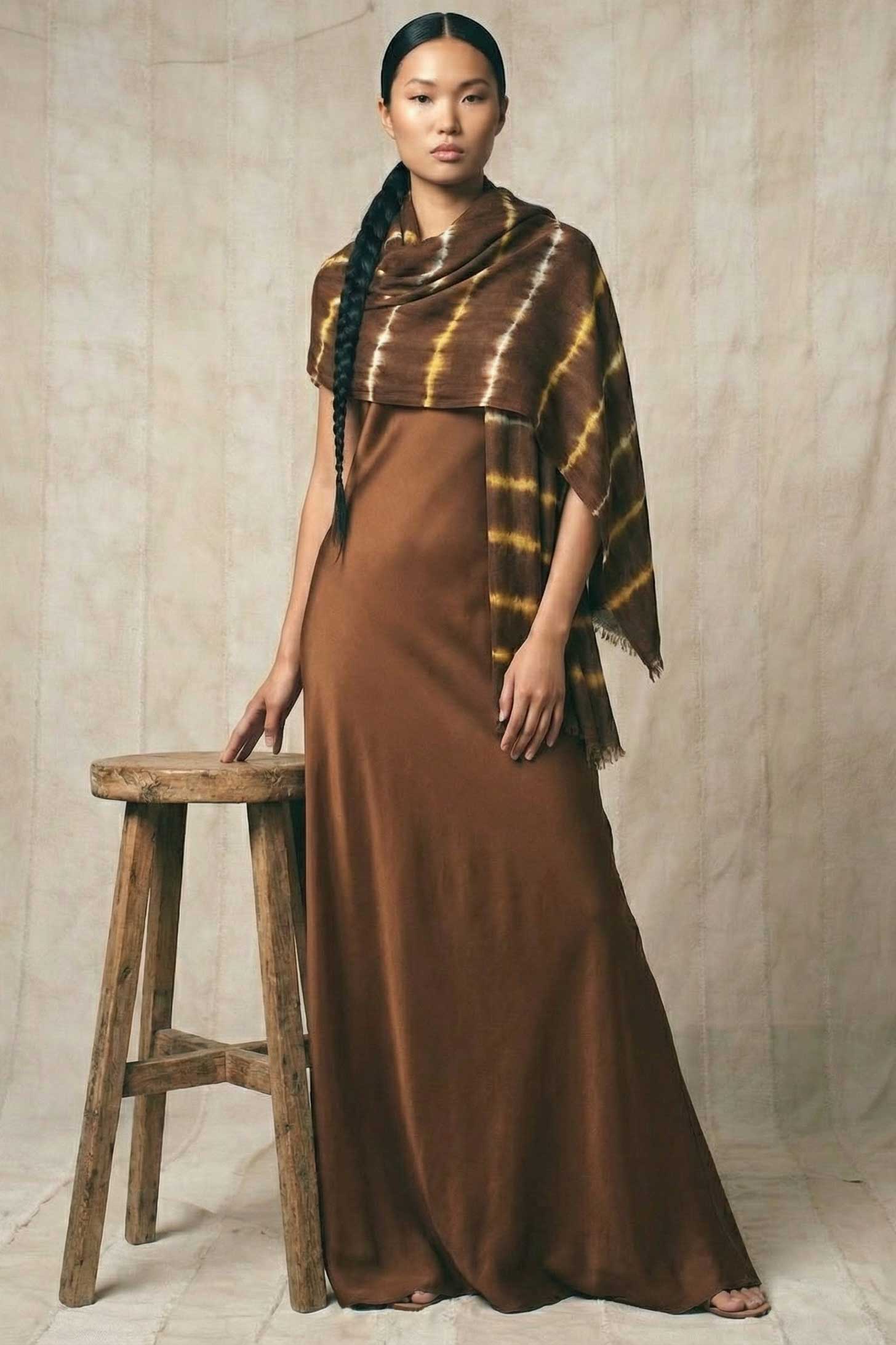 Vriesea Era - Tie Dyed Brown and Gold - White Stripes Shawl