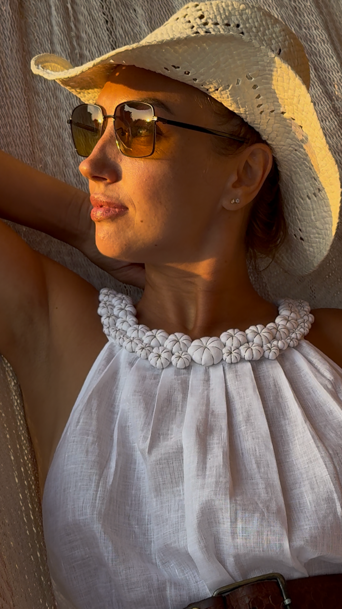 Maya white linen maxi dress with handcrafted sculptural neckline