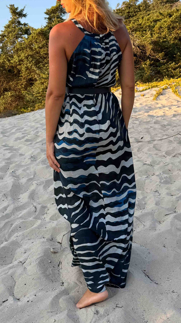 Back view of Maya Blue Fans linen maxi dress in 100% pure linen