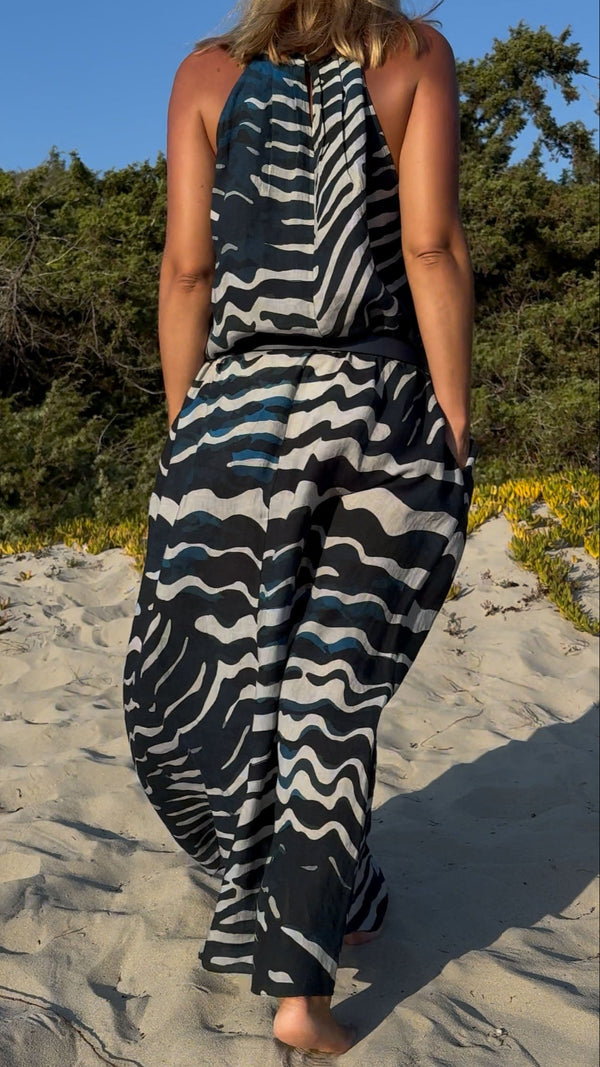 Blue Fans printed linen maxi dress showing relaxed silhouette and side pocket
