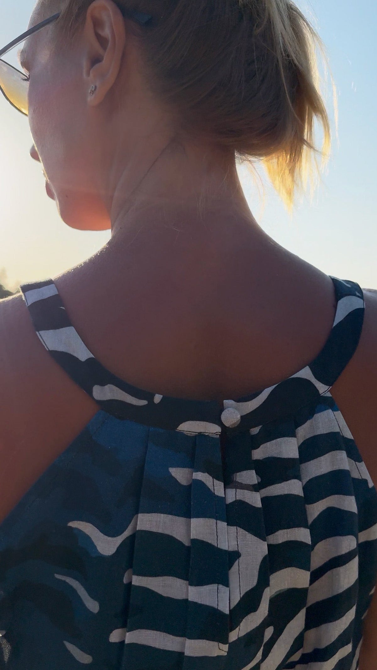 Close-up of gathered neckline on Maya Blue Fans printed linen maxi dress
