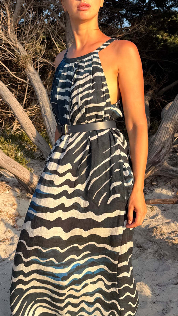 Maya Blue Fans linen maxi dress with gathered neckline and abstract blue print