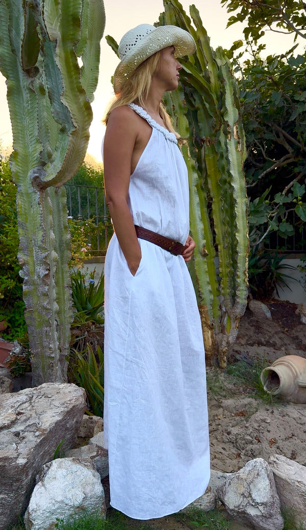 Maya white linen maxi dress with handcrafted sculptural neckline