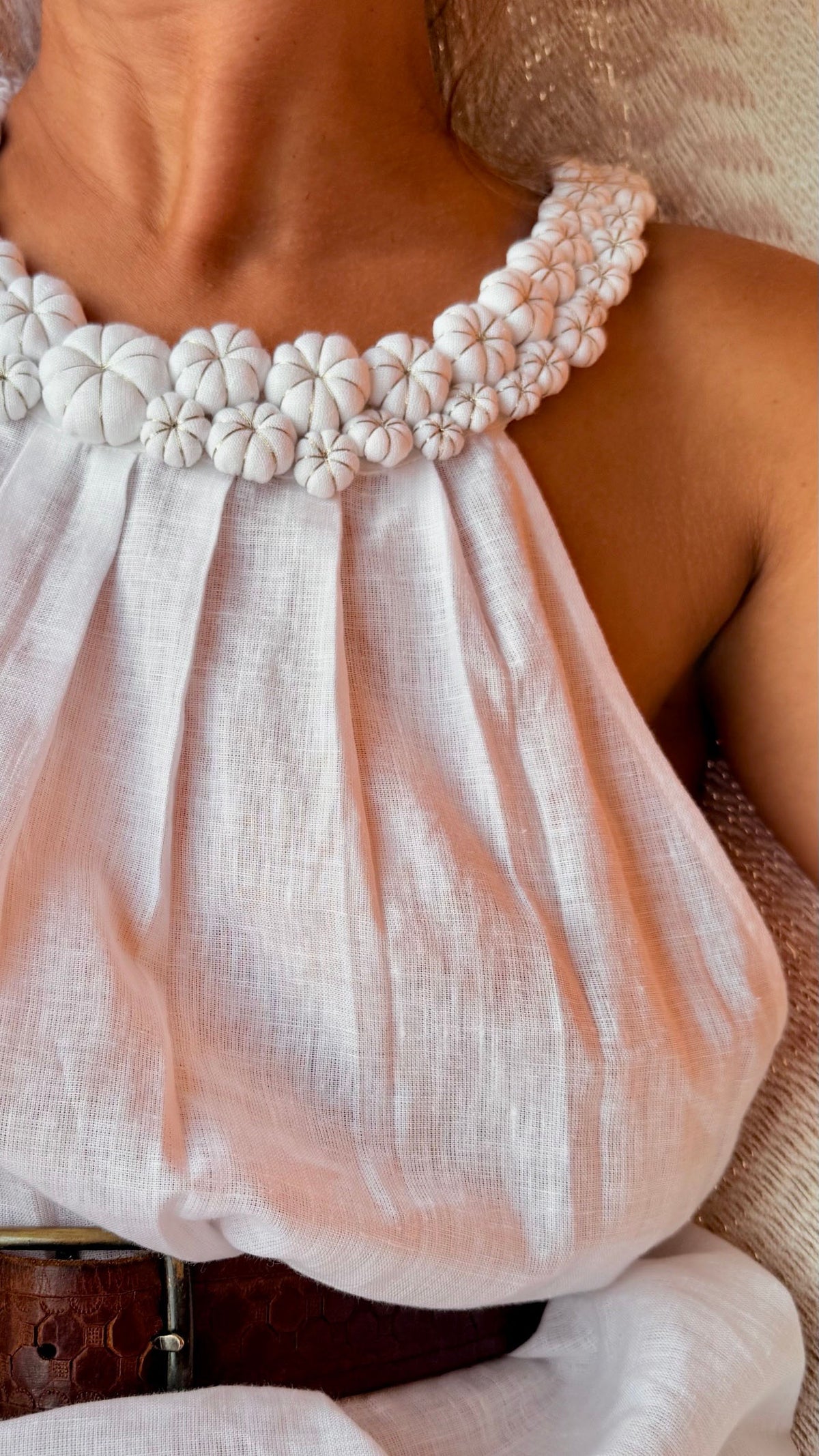 Maya white linen maxi dress with handcrafted sculptural neckline