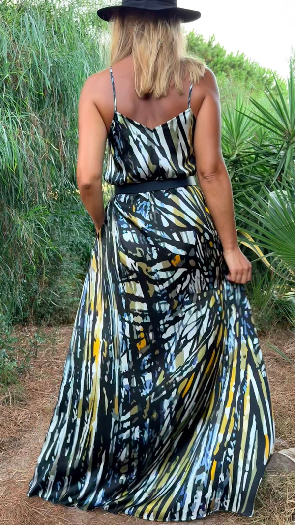 Amami Long Silk Dress in Seaweed print, flowing 100% silk maxi dress
