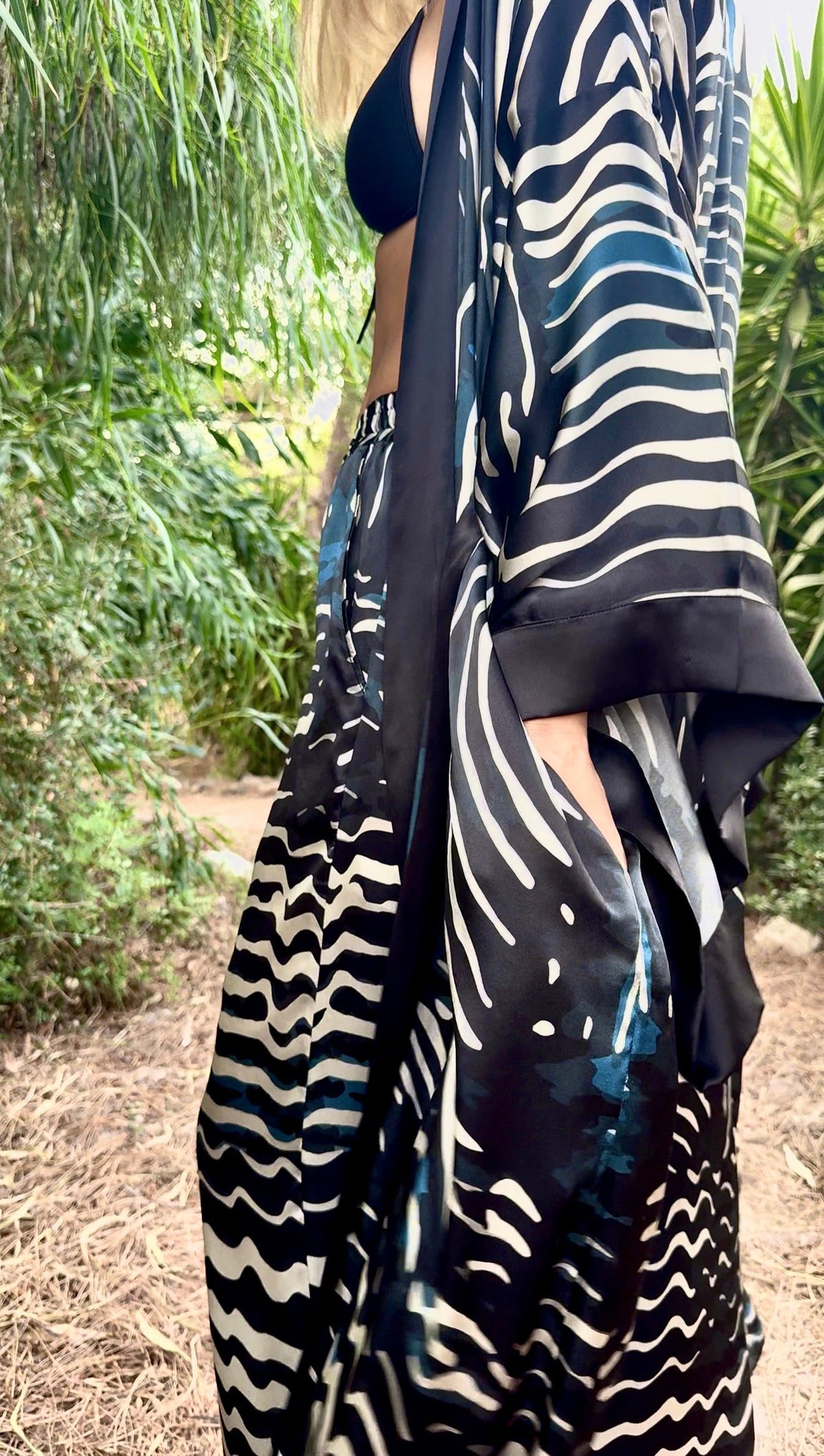 Umi Blue Fans silk kimono side view showing wide Japanese-style sleeve