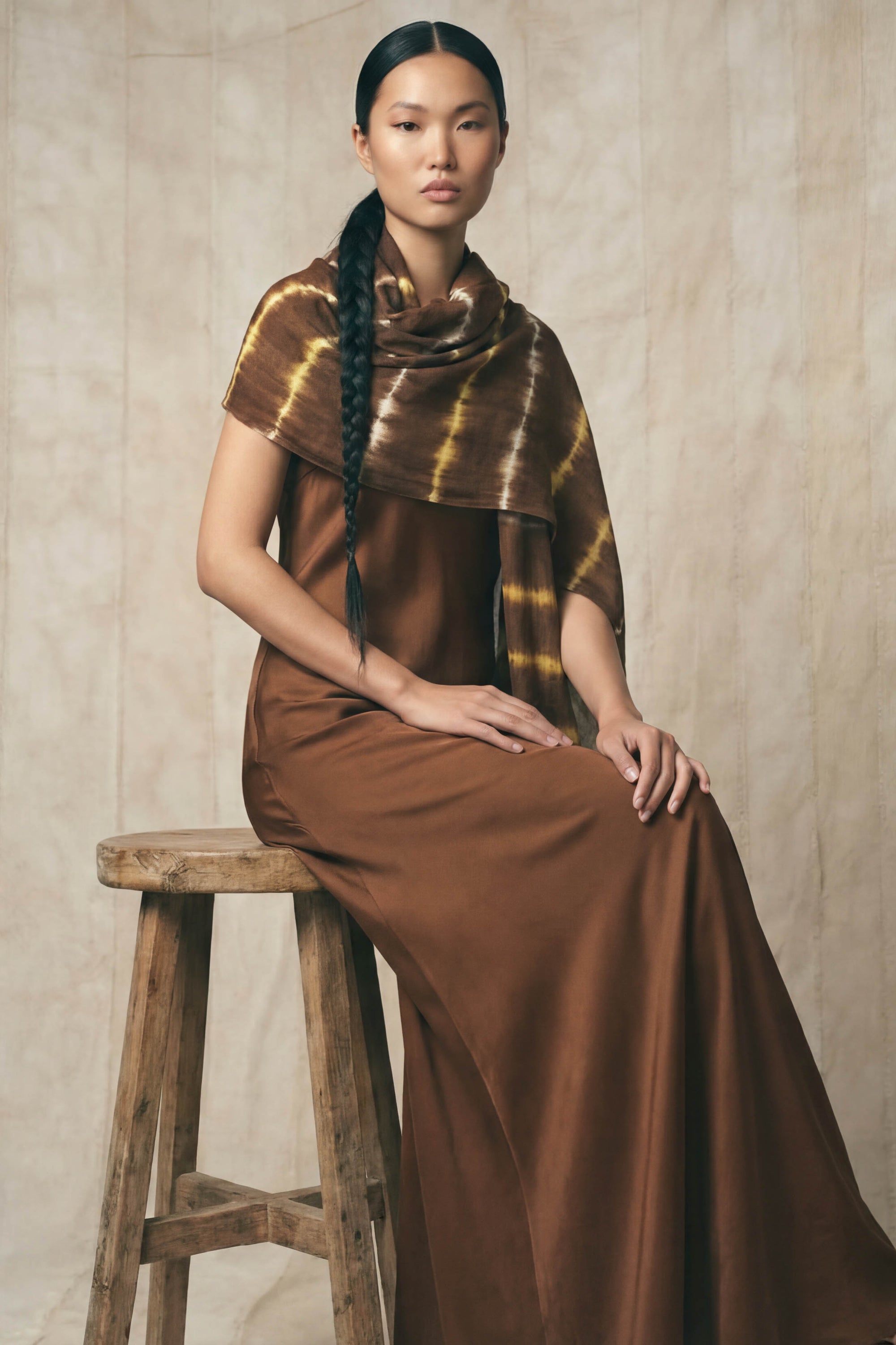 Vriesea Era - Tie Dyed Brown and Gold - White Stripes Shawl