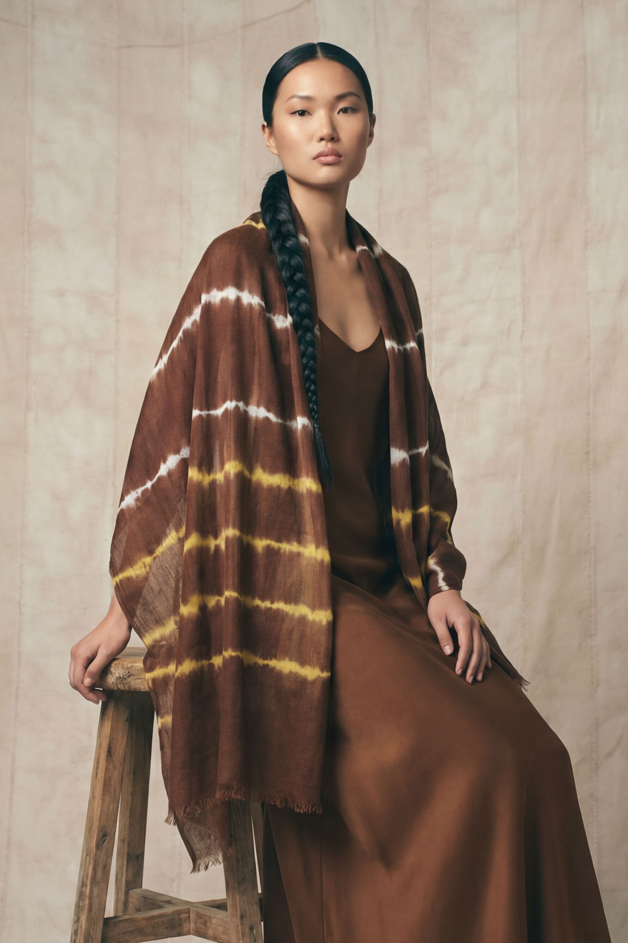 Vriesea Era - Tie Dyed Brown and Gold - White Stripes Shawl